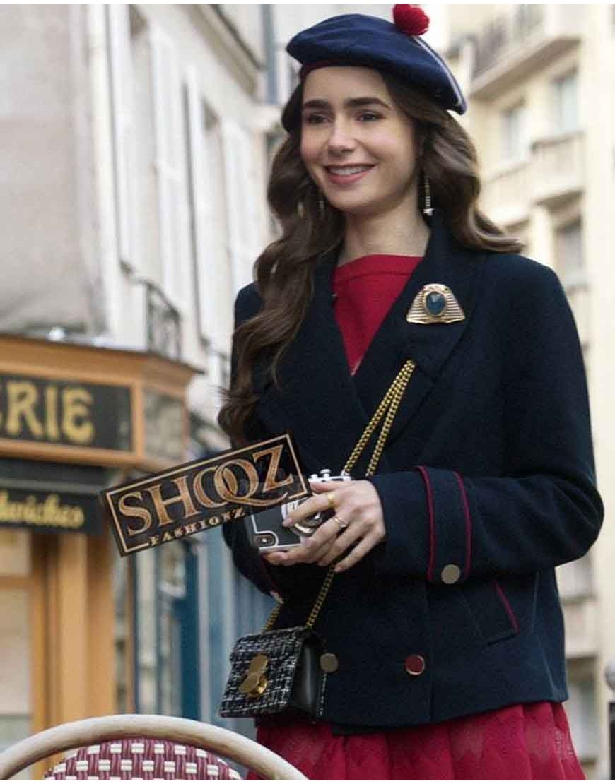 Lily Collins Emily In Paris Emily Cooper Blue Coat Lily Collins Emily In Paris Emily Cooper Blue Coat
